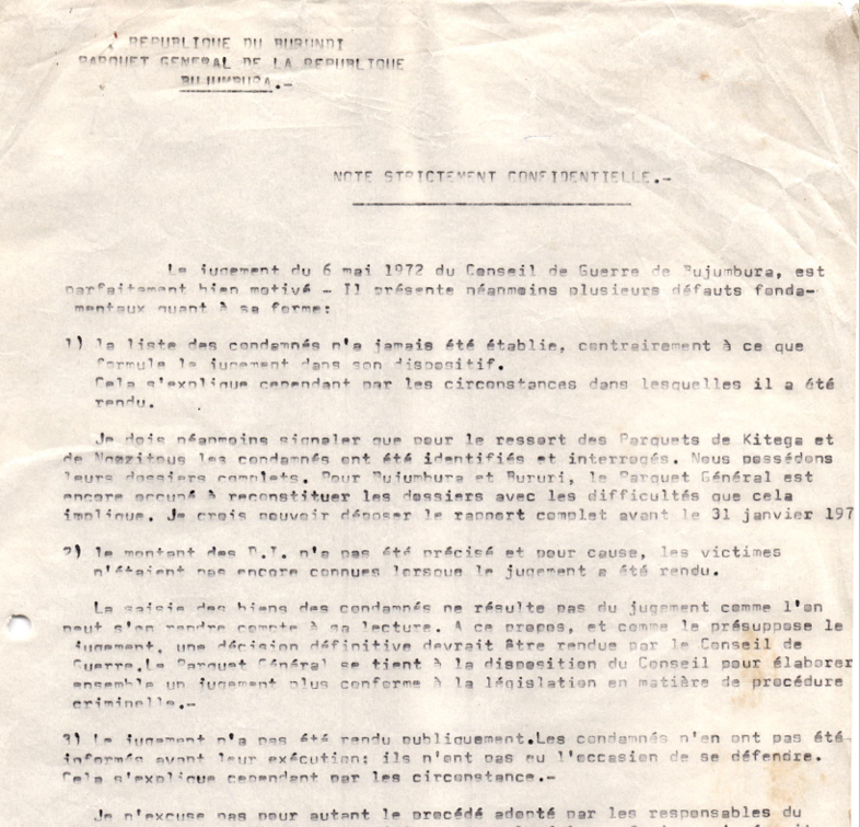 Burundi , Génocide de 1972-1973/Jugement de mai 1972/Note confidentielle