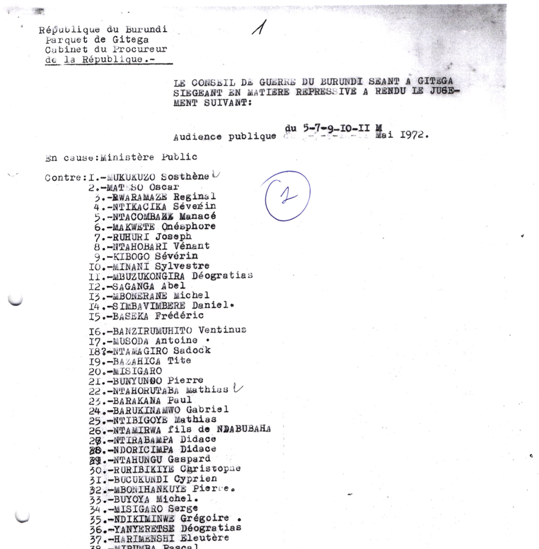 Burundi, Génocide de 1972-1973/Jugement du Conseil de guerre siégeant à Gitega